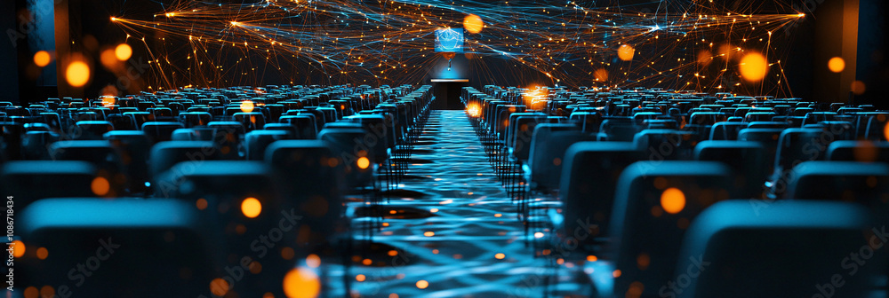 Poster rows of chairs suspended by threads of light in a packed seminar room, with a speaker hovering on a 