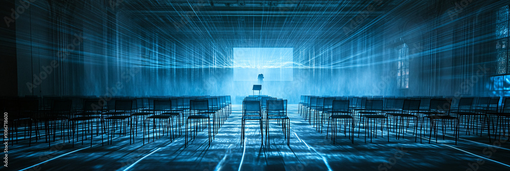 Poster rows of chairs suspended by threads of light in a packed seminar room, with a speaker hovering on a 