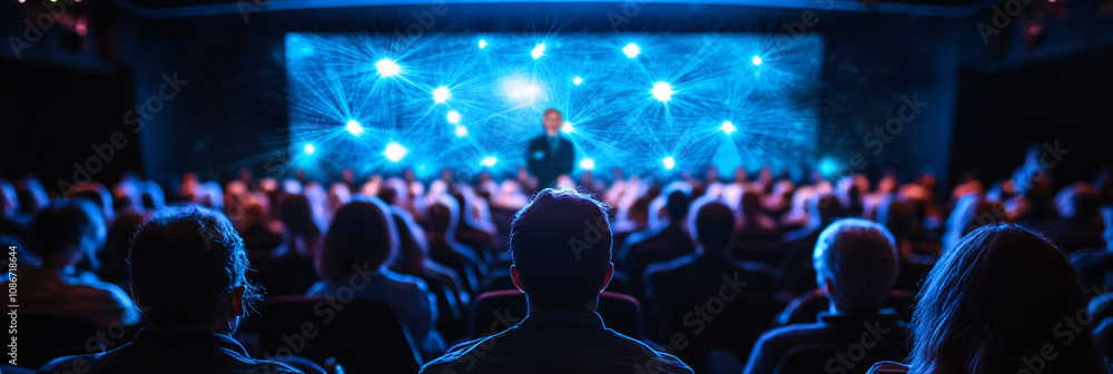 Poster rows of chairs suspended by threads of light in a packed seminar room, with a speaker hovering on a 