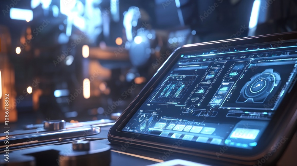 Fototapete A futuristic tablet displaying complex data and interfaces in a high-tech environment.