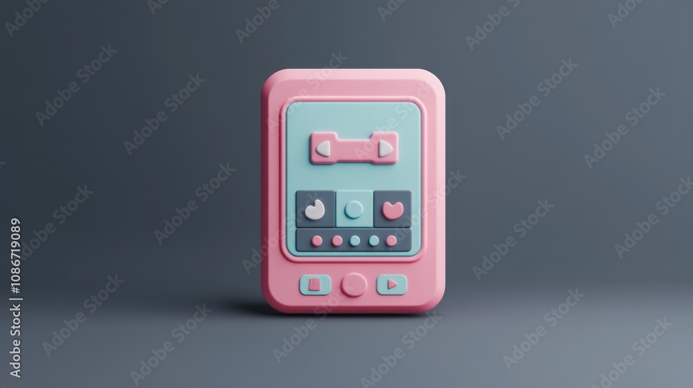 Poster a pastel-colored digital device with buttons, likely for music or media control.