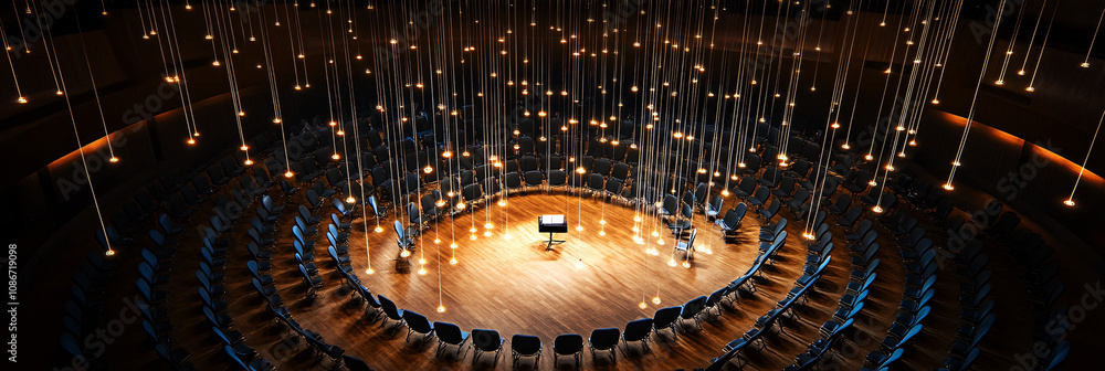 Poster **rows of floating chairs suspended by threads of light in a circular formation around a speaker in 