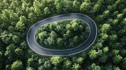 Aerial view of a winding road nestled among lush green forests.