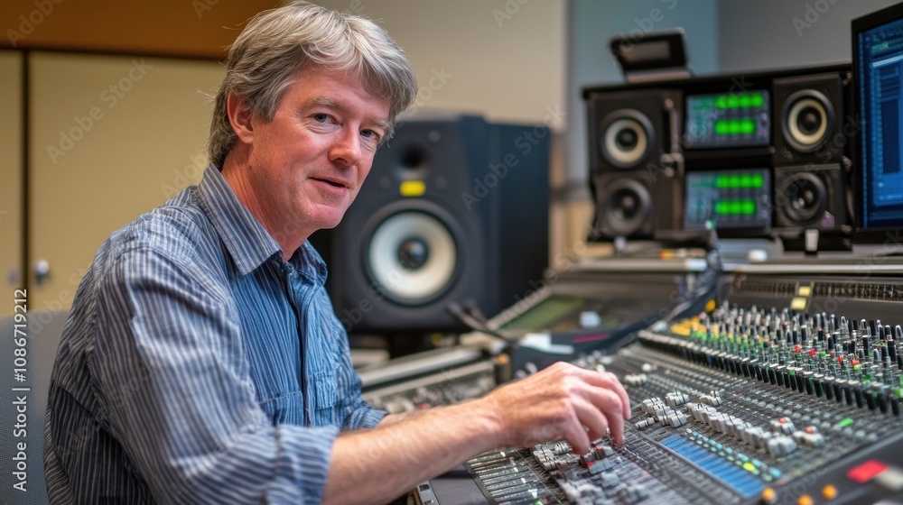 Aufkleber a sound engineer adjusts audio levels in a studio, surrounded by equipment and monitors.