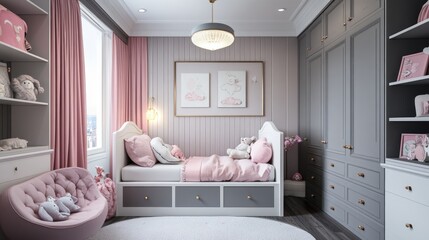 A serene and stylish girls' bedroom featuring soft pink and gray decor, plush toys, and elegant furnishings for a cozy ambiance.