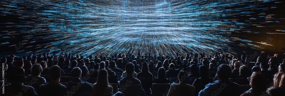 Poster rows of floating data streams flowing through the air in a packed conference hall, with attendees se