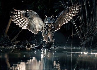 Fototapeta premium Majestic Owl in Flight Over Water