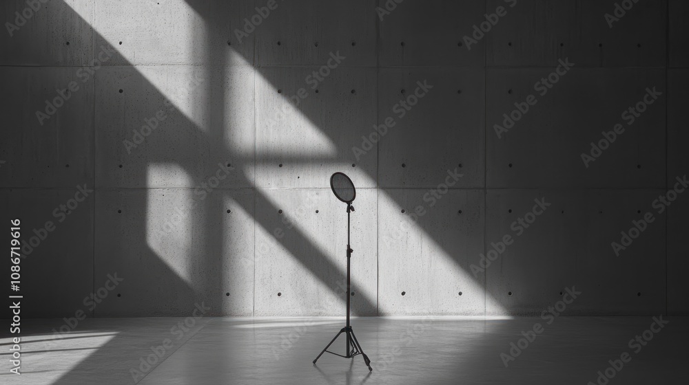 Poster a minimalist setting with a spotlight on a stand, casting shadows on a textured wall.