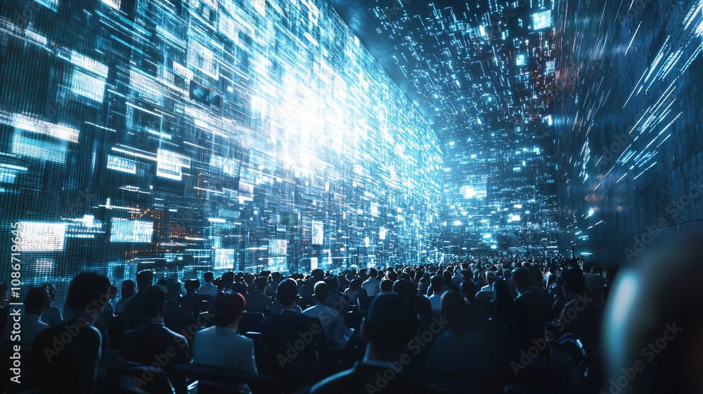 Poster rows of floating data streams flowing through the air in a packed conference hall, with attendees se