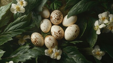 Obraz premium A serene arrangement of speckled eggs nestled among lush green leaves and delicate white flowers.