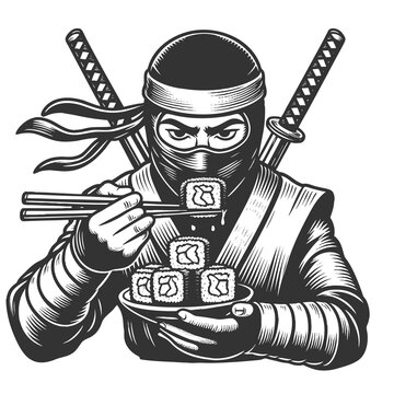 recommend clip art: ninja eating sushi rolls with chopsticks, wearing a mask and wielding a sword on his back sketch engraving generative ai raster illustration. Scratch board imitation. Black and white image.