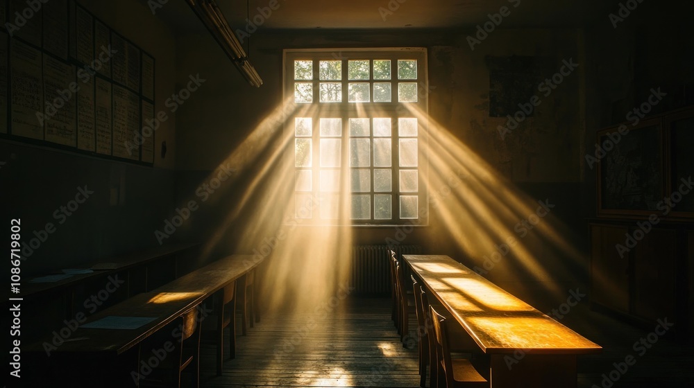 Poster sunlight streams through a window in an empty classroom, creating a serene atmosphere.