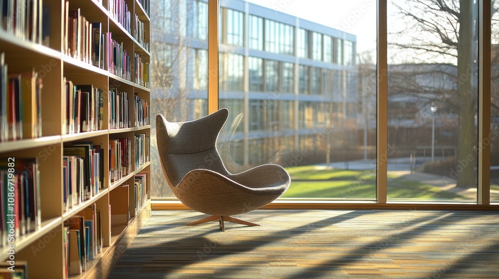 Aufkleber a cozy reading nook in a library with large windows and bookshelves.
