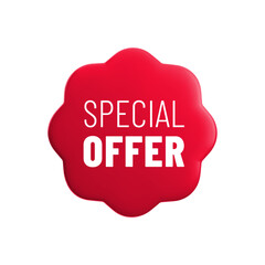 Vector cartoon 3d Special Offer badge. Red wavy label with text. Realistic 3d render online shop sticker. Cute design element for web, banner design, tag, medal sign, advert, mobile app.