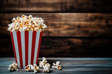 Popcorn in a Red and White Striped Box on Wood