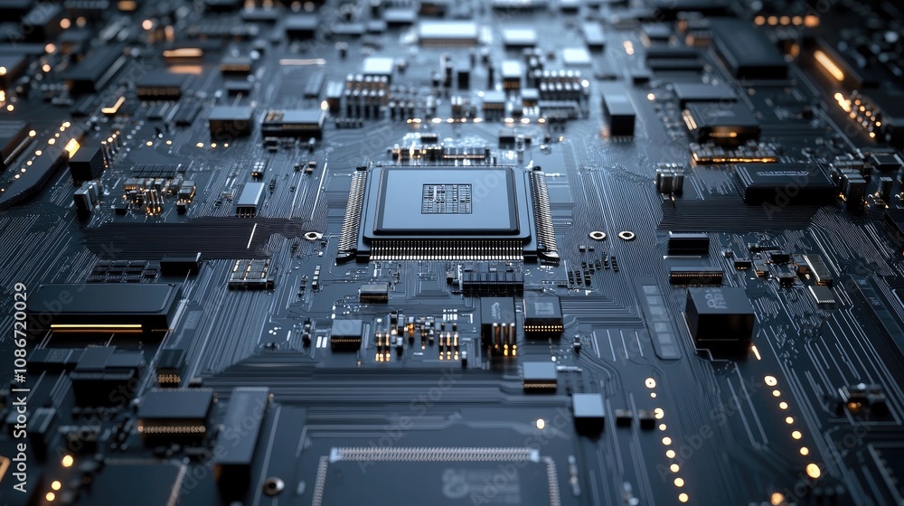Poster abstract close-up of a black circuit board with intricate details and glowing components, evoking a 