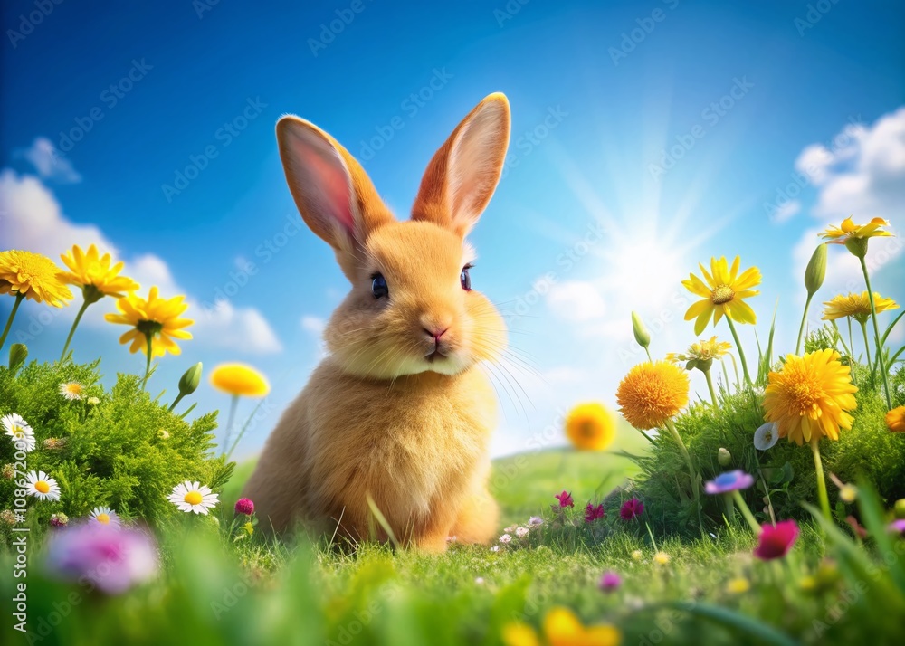 Poster a charming yellow rabbit in a lush green meadow capturing the essence of spring and playfulness with