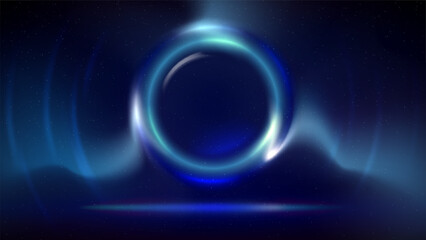 Stage, circular light frame, dark background. Blue cyan glowing plasma circle. Shining light ring. Illuminated stage, dark blue backdrop. Background for displaying products, text, copy paste. Vector