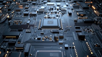 Abstract close-up of a black circuit board with intricate details and glowing components, evoking a sense of technology and innovation.