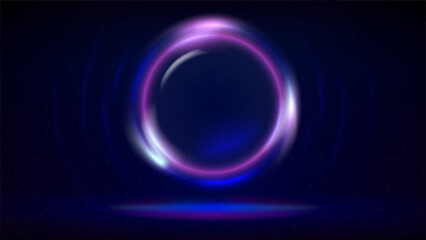 Circular light frame on particle background, stage. Template, backdrop for advertising, invitation, displaying products, text, copy paste. Dark backdrop. Pink blue purple glowing glass circle. Vector