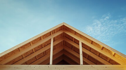 Wooden Roof Truss Structure Under Construction Against a Blue Sky