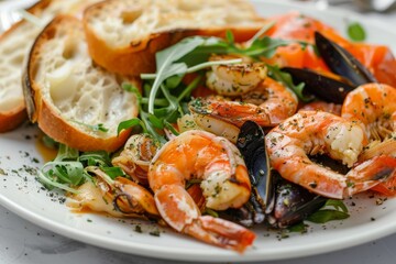 Seafood with Garlic Baguette, Toasted Bread, Cooked Prawns, Shrimps, Mussels and Salmon Fillet