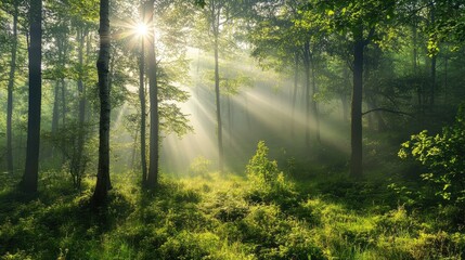 Obraz premium Sunlight filters through lush green trees in a serene forest, creating a tranquil atmosphere.