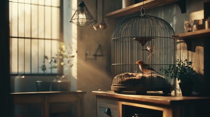 A serene indoor scene featuring a birdcage with birds, sunlight streaming through a window.