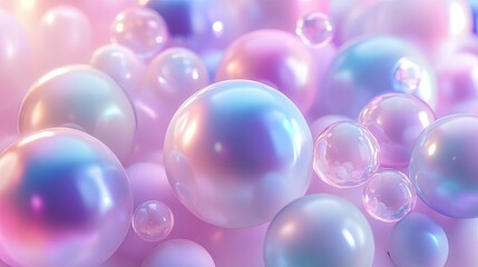Fototapeta premium Colorful iridescent bubbles floating in a soft pastel background, creating a dreamy and whimsical atmosphere.