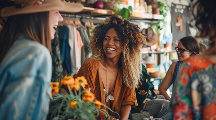 Obraz premium A group of friends enjoying a day of thrift shopping and DIY upcycling projects, sharing tips and fashion finds