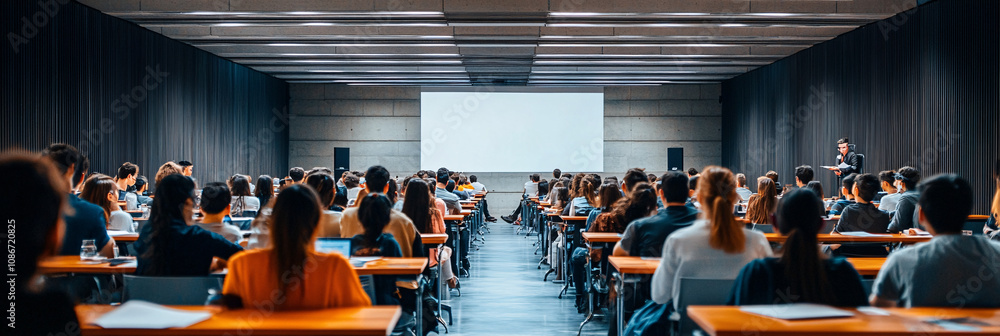 Poster rows of floating desks hovering above a sea of attendees in a modern seminar room, with speakers pro