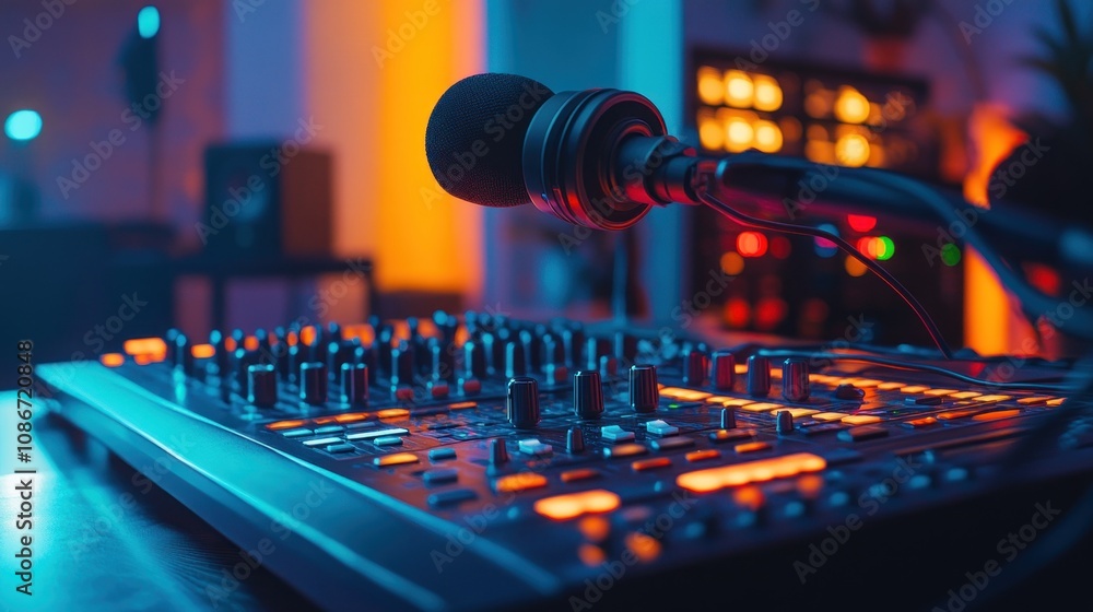 Poster A close-up of a microphone and a sound mixer with glowing controls in a vibrant studio setting.