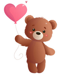 A happy and in love teddy bear with a heart shaped balloon. Happy Valentine's Day. Vector illustration.
