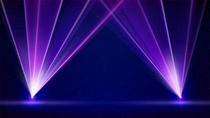 Laser light show. Bright led laser beams, dj light party. Template. Illuminated blue pink stage, led strobe lights. Stage lighting effect. Background, backdrop for displaying products. Vector