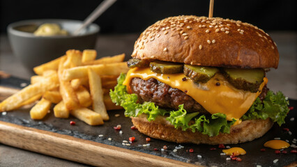 gourmet burger with juicy beef, cheddar cheese, and pickles