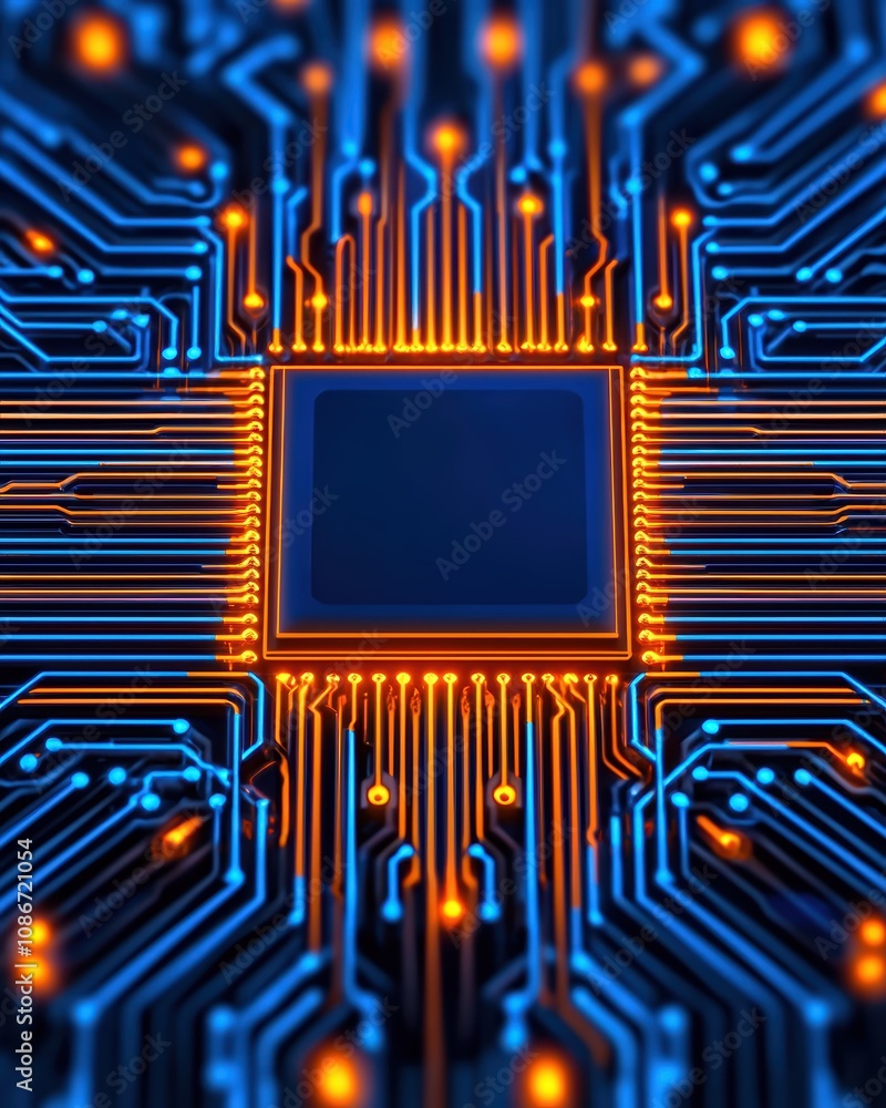 Poster a vibrant close-up of a microchip surrounded by intricate circuitry, illuminated with blue and orang