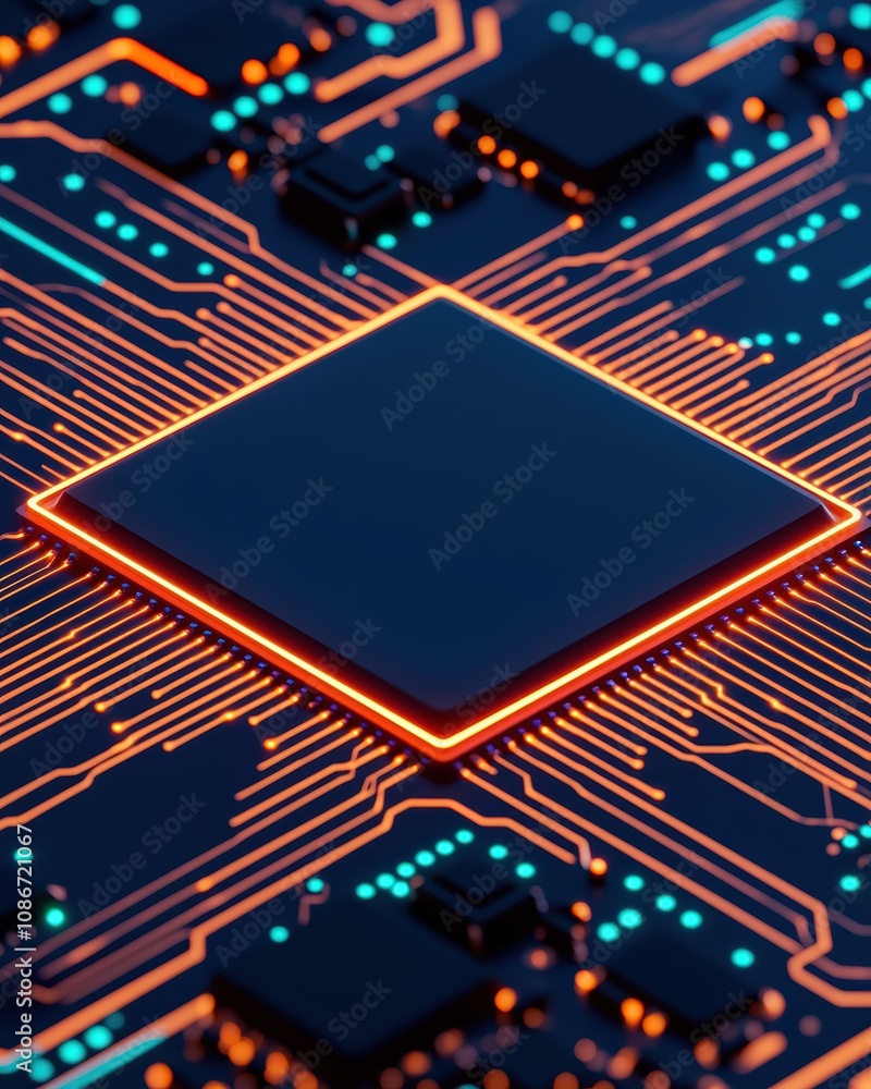 Poster a close-up of a computer chip on a circuit board, showcasing intricate pathways and vibrant lighting