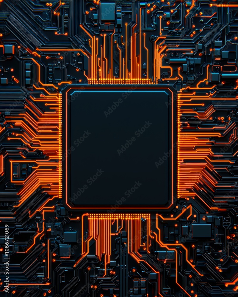 Poster a close-up of a black microchip surrounded by intricate orange circuitry on a dark background, repre