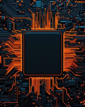 A close-up of a black microchip surrounded by intricate orange circuitry on a dark background, representing advanced technology and electronics.