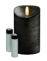 1 black LED real wax candle and 2 batteries isolated on white  background