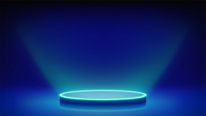 Futuristic blue stage with glowing podium. Blue room, round neon pedestal podium illuminating the advertised product from below. Background for displaying products, presentation. Backdrop. Vector