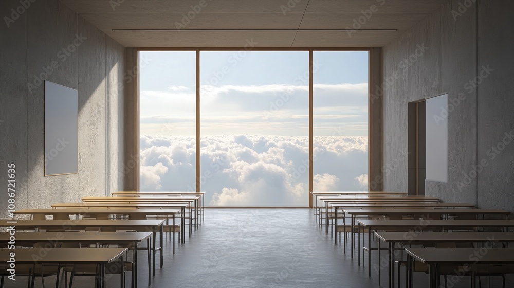 Poster A modern classroom with large windows overlooking clouds, creating an inspiring learning space.