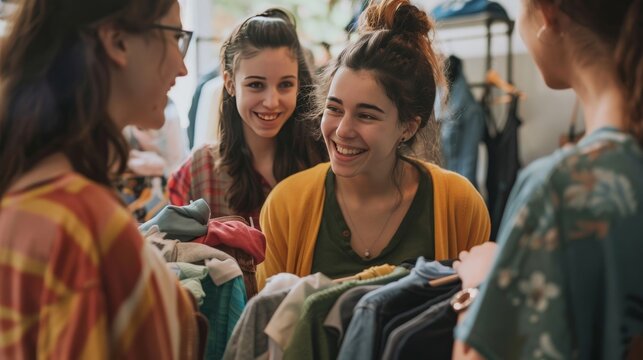 A group of friends holding a clothing swap, exchanging gently used items and promoting sustainability