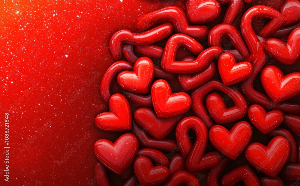 Poster red background with many red hearts in various sizes. the hearts are arranged in a way that they loo