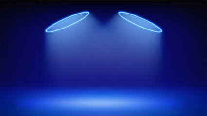 Futuristic blue stage. Room illuminated by circular neon, modern led halo spotlight. Blue background for displaying products, presentation, advertising. Backdrop. Showcase. Vector illustration