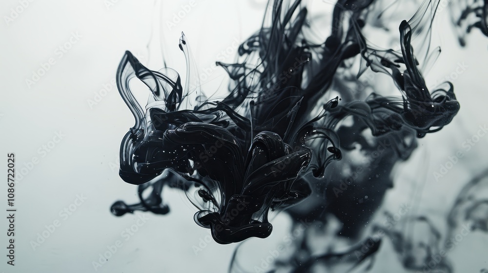 Poster ethereal black ink swirling in water, creating intricate abstract patterns against a light backgroun