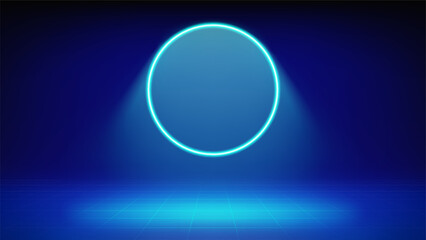 Futuristic stage blue background. Room illuminated by circular cyan neon, modern led halo spotlight, grid floor. Backdrop for displaying products, presentation, advertising. Showcase. Vector