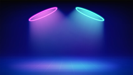 Futuristic blue stage. Room illuminated by circular purple and blue neon, led halo spotlight, grid floor. Background for displaying products, presentation, advertising. Backdrop. Showcase. Vector