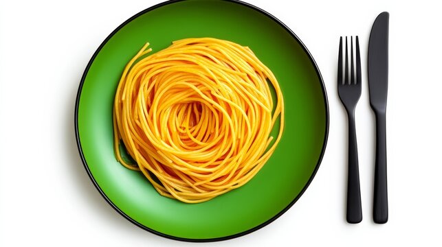 Plate of spaghetti sits on a green plate with a fork and knife. The spaghetti is long and yellow, and the fork and knife are black. Concept of hunger and anticipation for a delicious meal