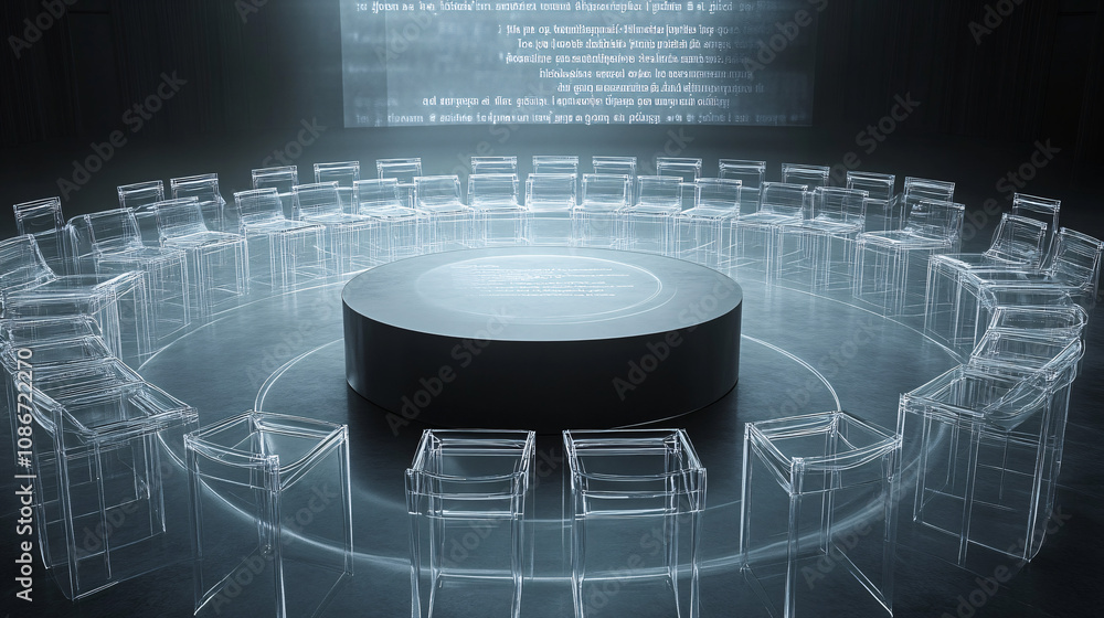 Poster rows of transparent floating chairs in a circular formation around a podium, with speakers projectin